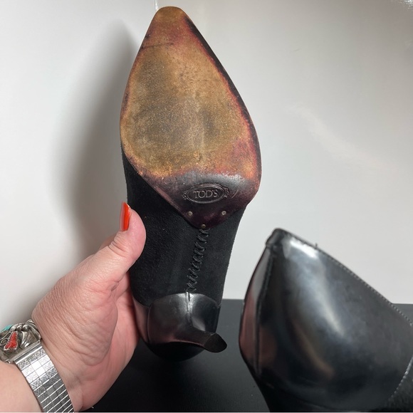 TOD'S Classic Black Suede Leather Trim Pumps Pointed Toe Slip On Heel Sz 37-US 7 - Picture 13 of 15